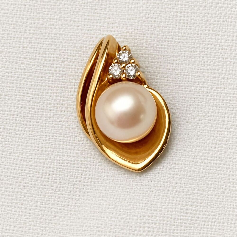 Vintage 14K Yellow Gold Genuine Pearl & Diamond Accent Swirl Pendant Estate